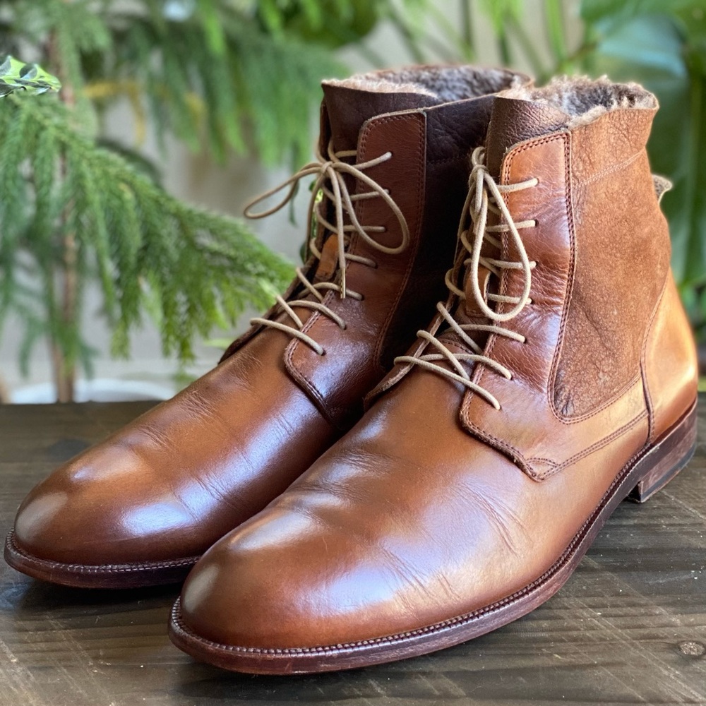 J&M Brown Leather & Shearling Ankle Boot Mens 13 M
